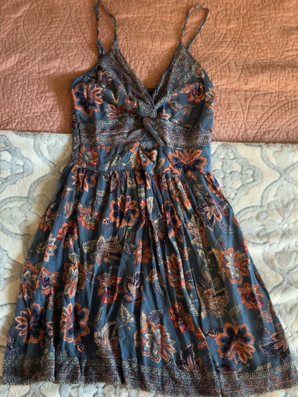 Angie Slate Blue Floral V-Neck Spaghetti Strap Mini Dress